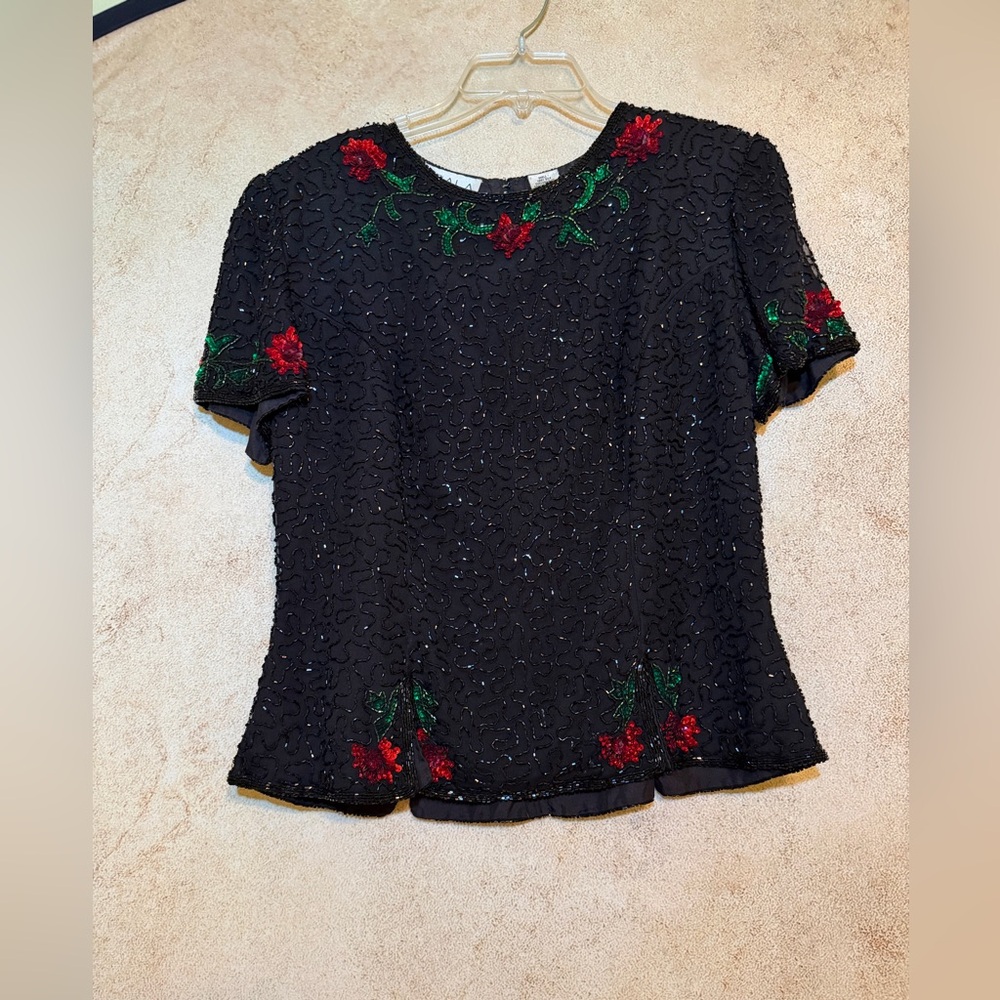 Scala Black Top with Red and Green Embroidery